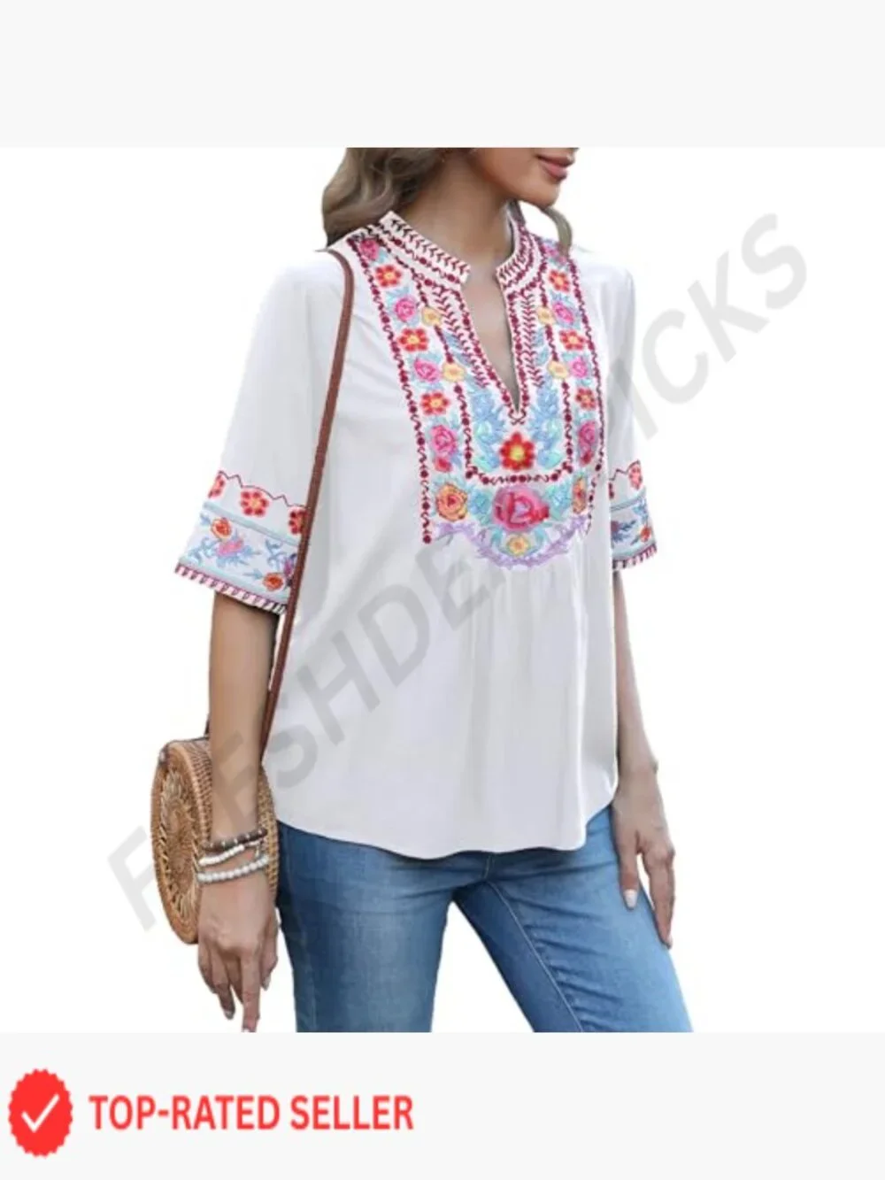 Embroidered V-Neck Blouse Short Sleeve Floral Boho Peasant Top Relaxed Fit - Picture 5 of 5
